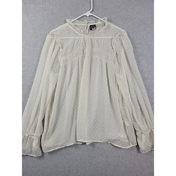 Vero Moda Ivory Swiss Dot LS Fairy Ruffled Smocked Sheer Blouse Women's Large - Picture 2 of 12